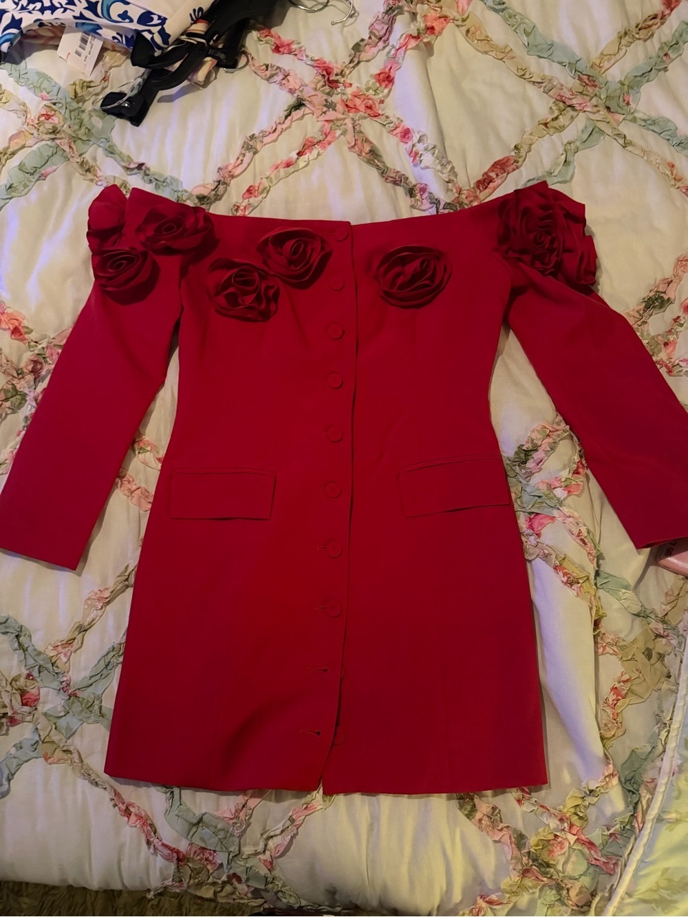 Lucy Paris Red Off-Shoulder Long Sleeve Dress with Floral Appliqué - Picture 2 of 8